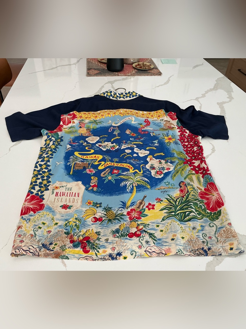 Vintage Tommy Hilfiger Navy Hawaiian Shirt with Blue, Yellow and Red Floral Trim